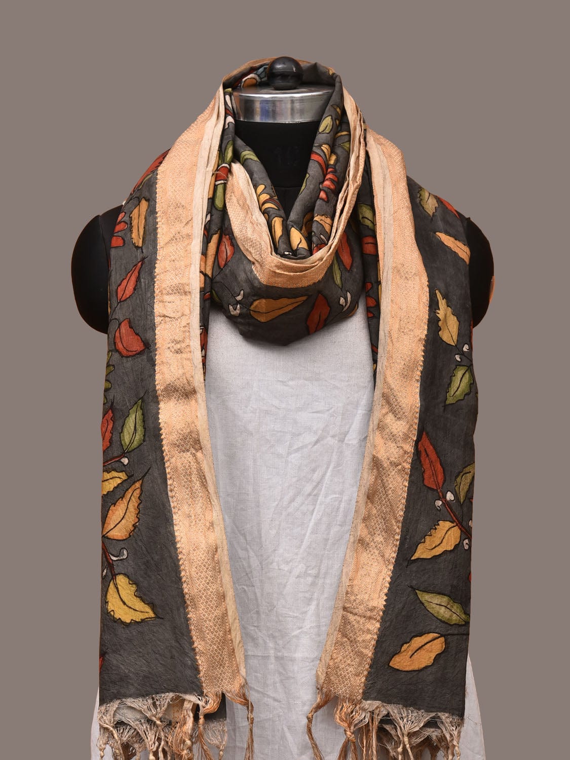 Grey Kalamkari Hand Painted Sico Dupatta with Flowers and Peacock Design ds3210