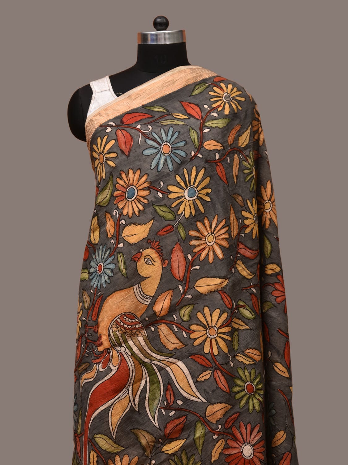 Grey Kalamkari Hand Painted Sico Dupatta with Flowers and Peacock Design ds3210