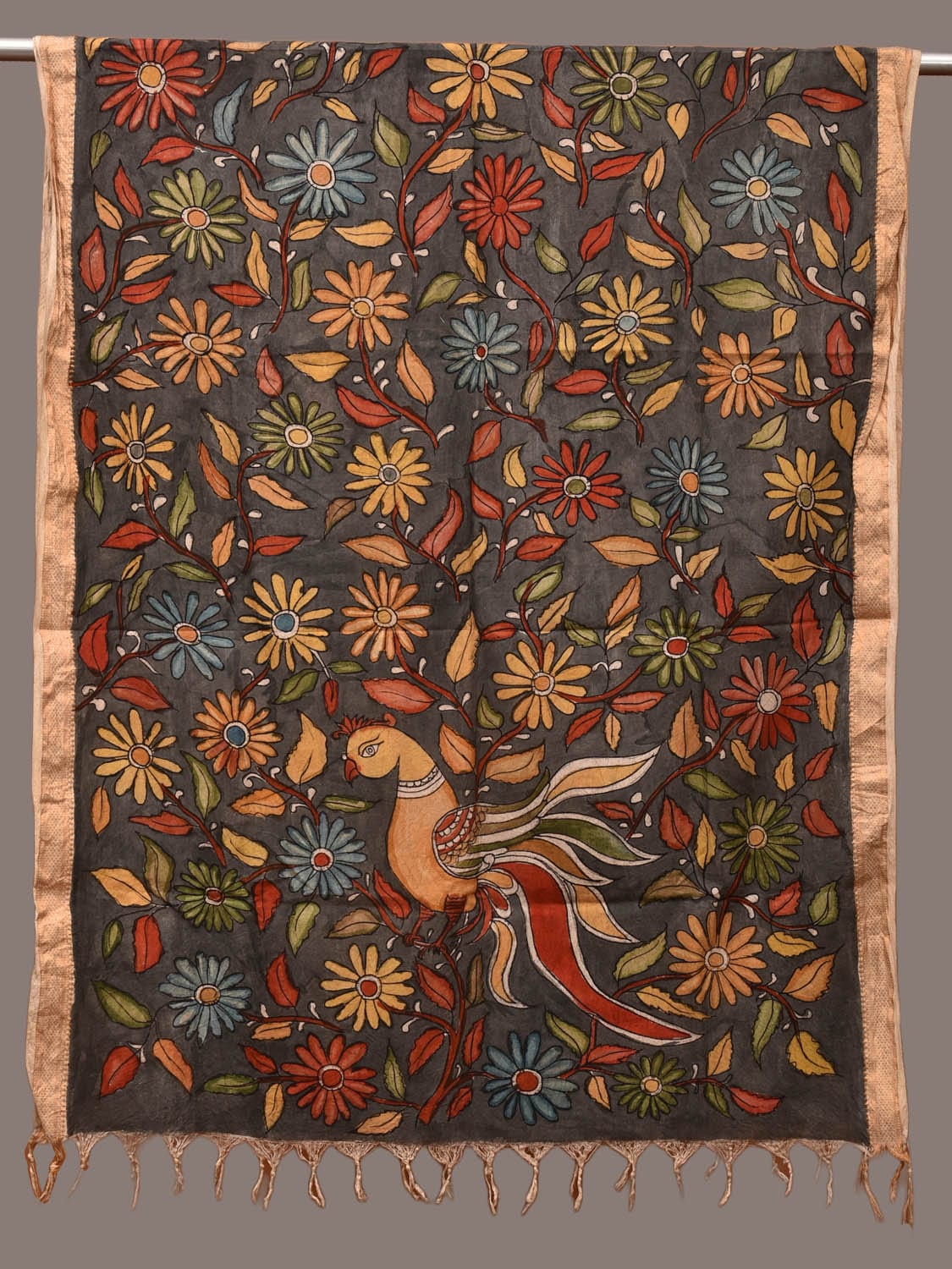 Grey Kalamkari Hand Painted Sico Dupatta with Flowers and Peacock Design ds3210