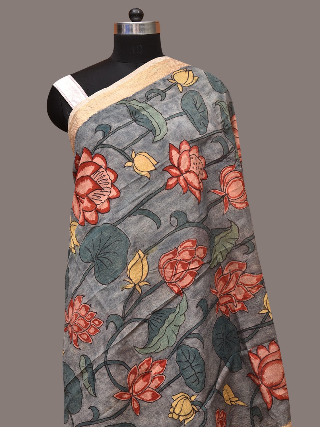 Grey Kalamkari Hand Painted Sico Dupatta with Lotus Flowers Design ds3393