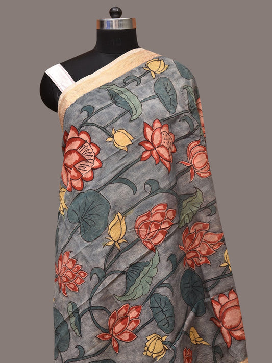 Grey Kalamkari Hand Painted Sico Dupatta with Lotus Flowers Design ds3393
