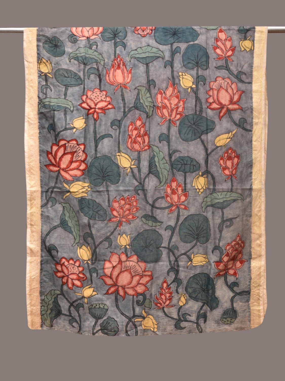 Grey Kalamkari Hand Painted Sico Dupatta with Lotus Flowers Design ds3393