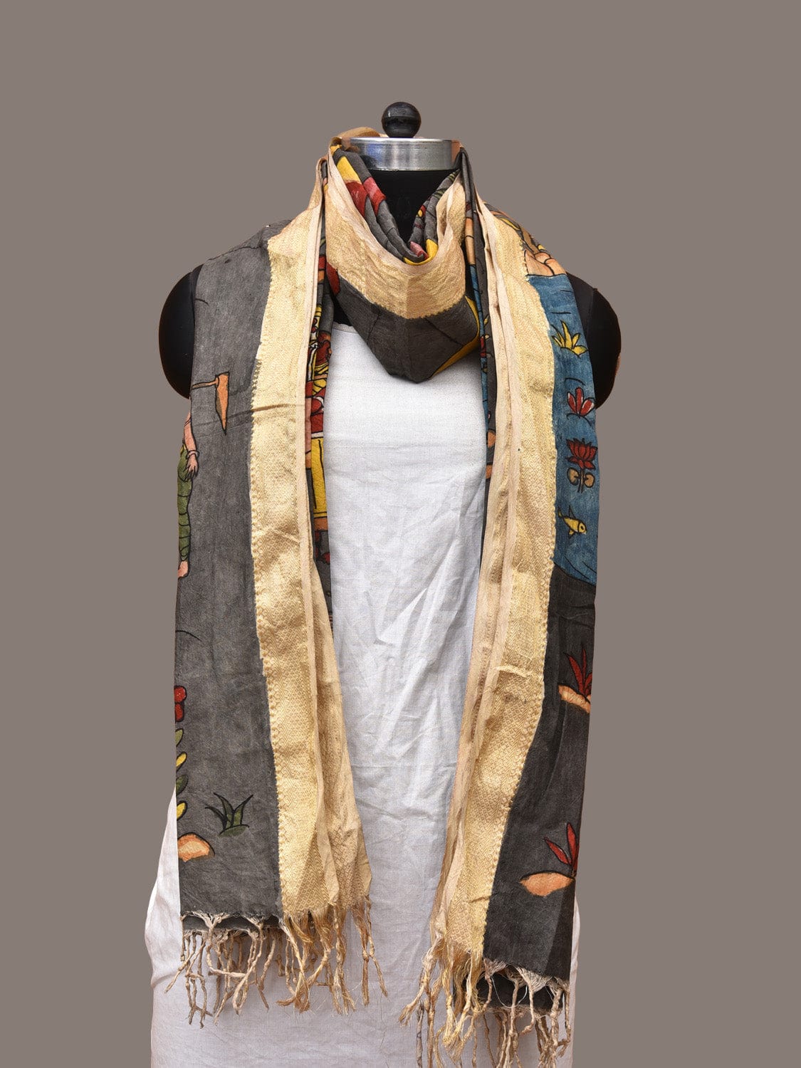 Grey Kalamkari Hand Painted Sico Dupatta with Village Theme Design ds3286