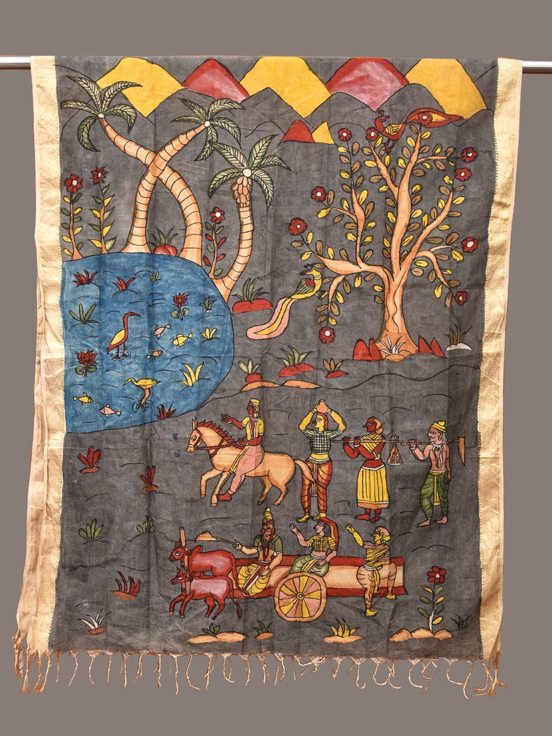 Grey Kalamkari Hand Painted Sico Dupatta with Village Theme Design ds3286