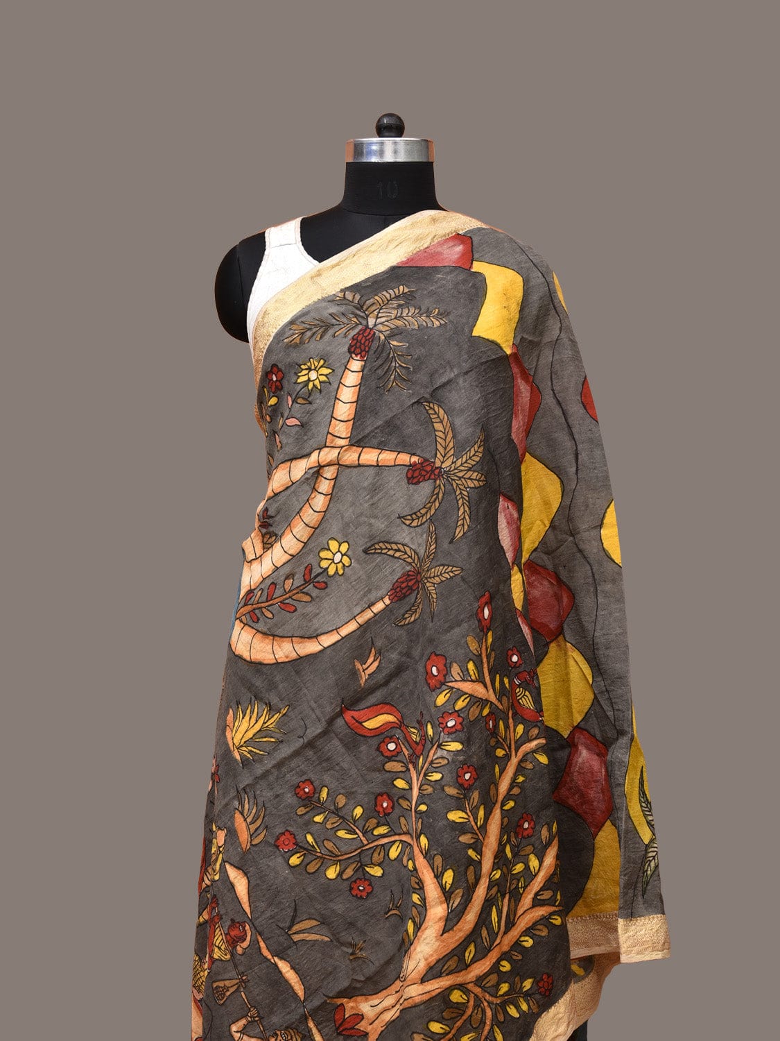 Grey Kalamkari Hand Painted Sico Dupatta with Village Theme Design ds3286