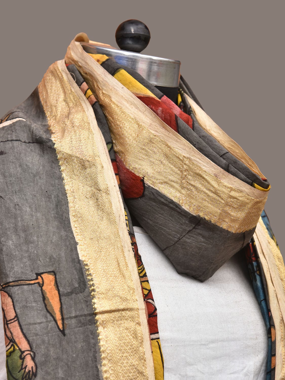 Grey Kalamkari Hand Painted Sico Dupatta with Village Theme Design ds3286