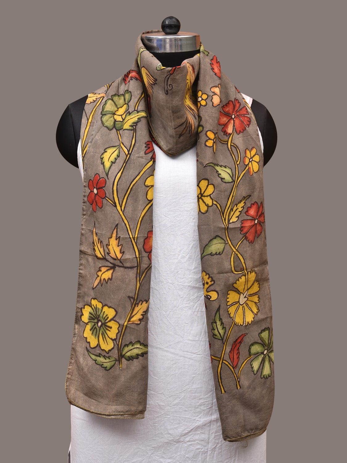 Grey Kalamkari Hand Painted Sico Stole with Floral and Birds Design ds3382