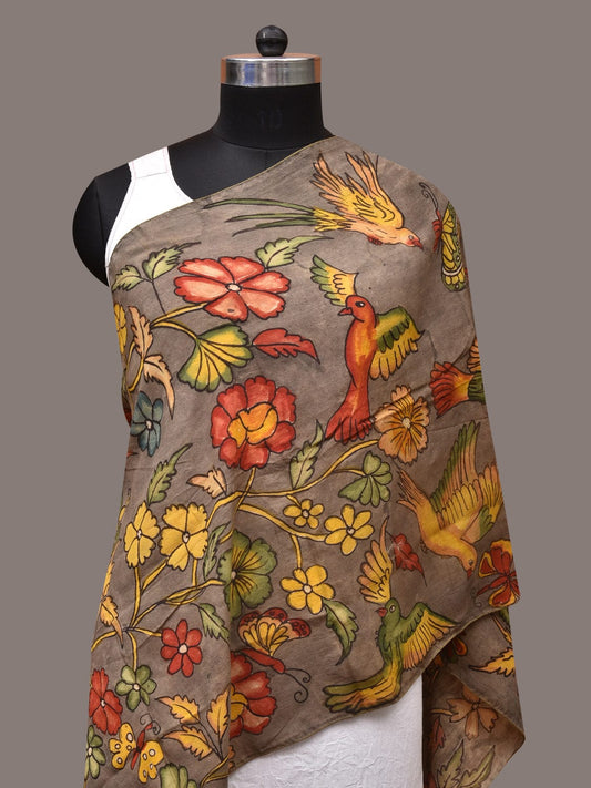 Grey Kalamkari Hand Painted Sico Stole with Floral and Birds Design ds3382
