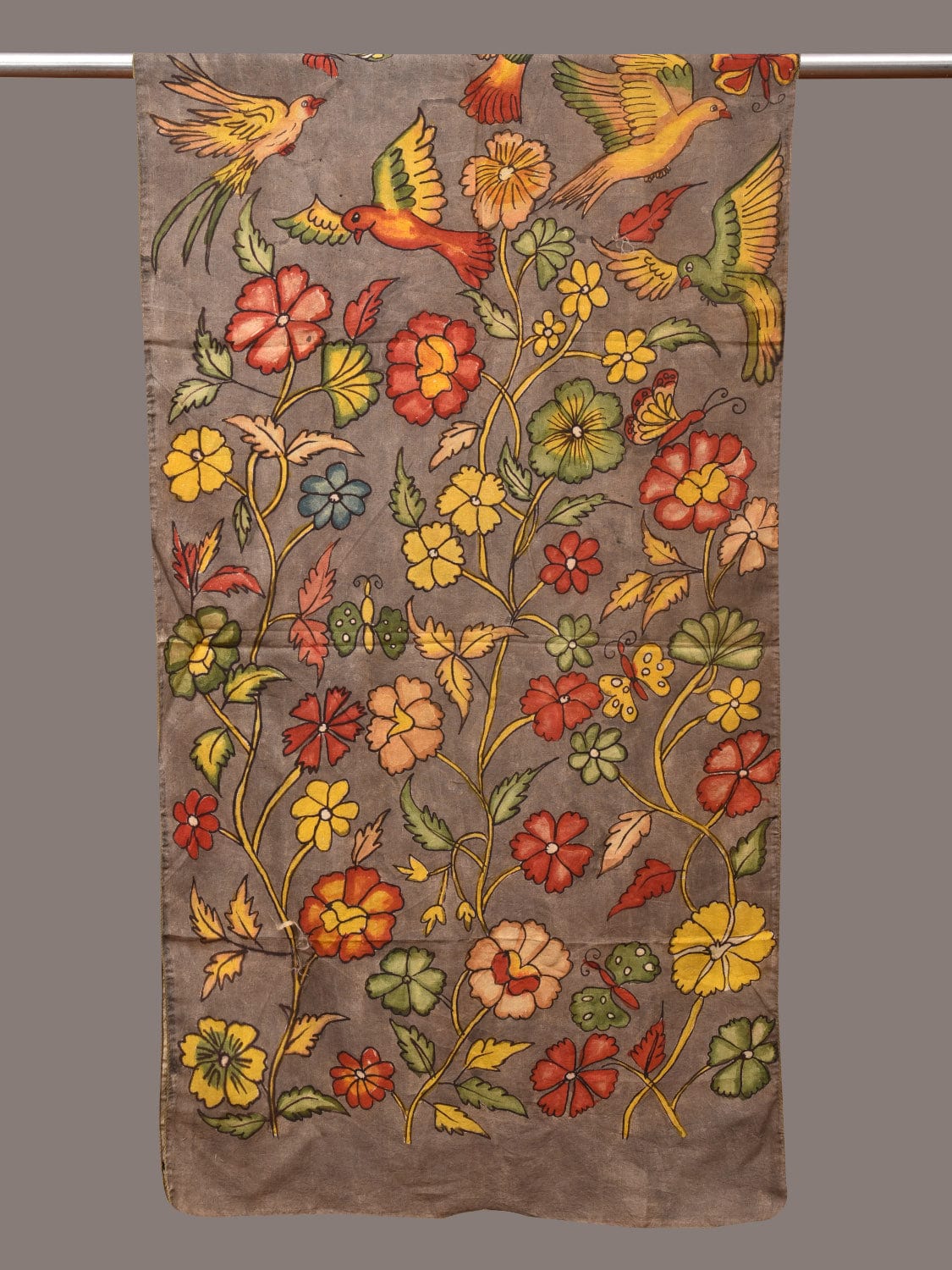 Grey Kalamkari Hand Painted Sico Stole with Floral and Birds Design ds3382
