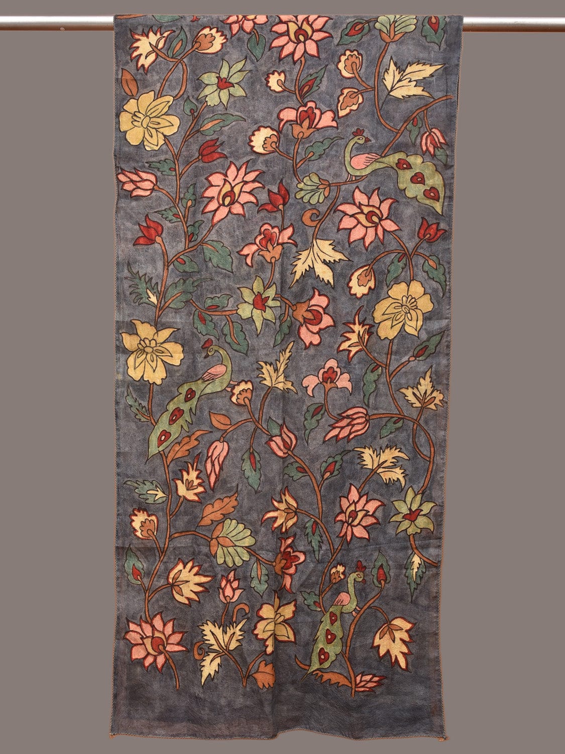 Grey Kalamkari Hand Painted Sico Stole with Floral and Peacocks Design ds3310
