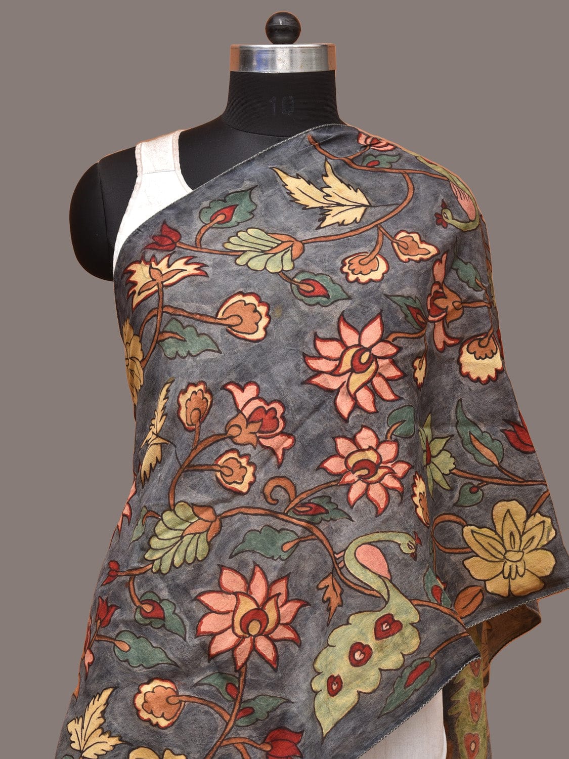 Grey Kalamkari Hand Painted Sico Stole with Floral and Peacocks Design ds3310
