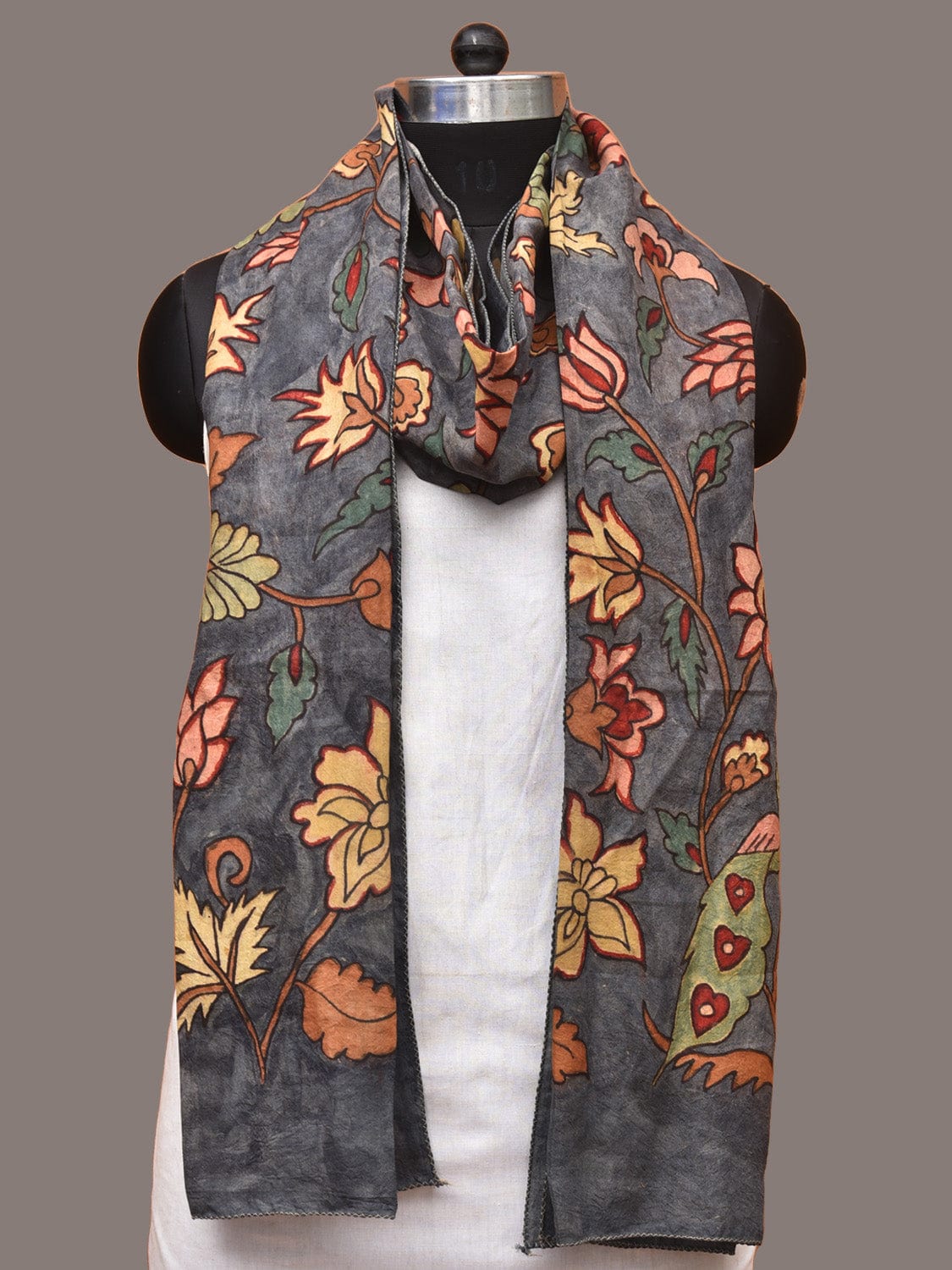 Grey Kalamkari Hand Painted Sico Stole with Floral and Peacocks Design ds3310
