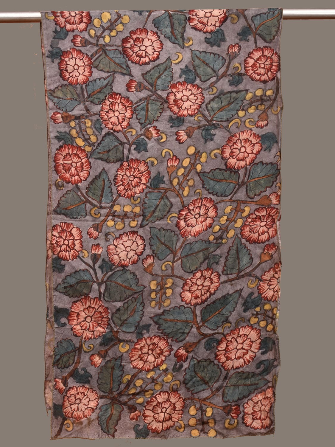 Grey Kalamkari Hand Painted Sico Stole with Floral Design ds3224