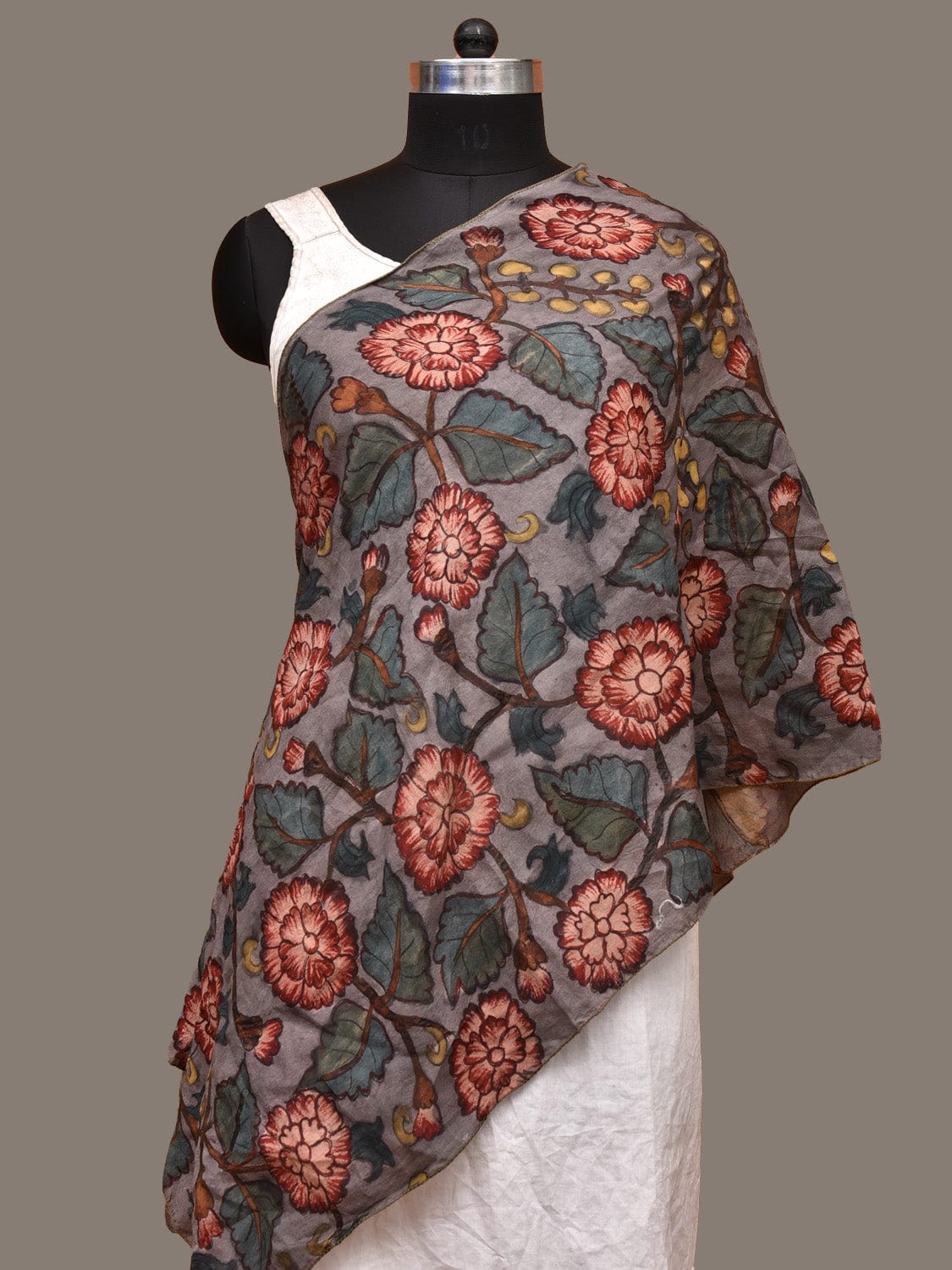 Grey Kalamkari Hand Painted Sico Stole with Floral Design ds3224