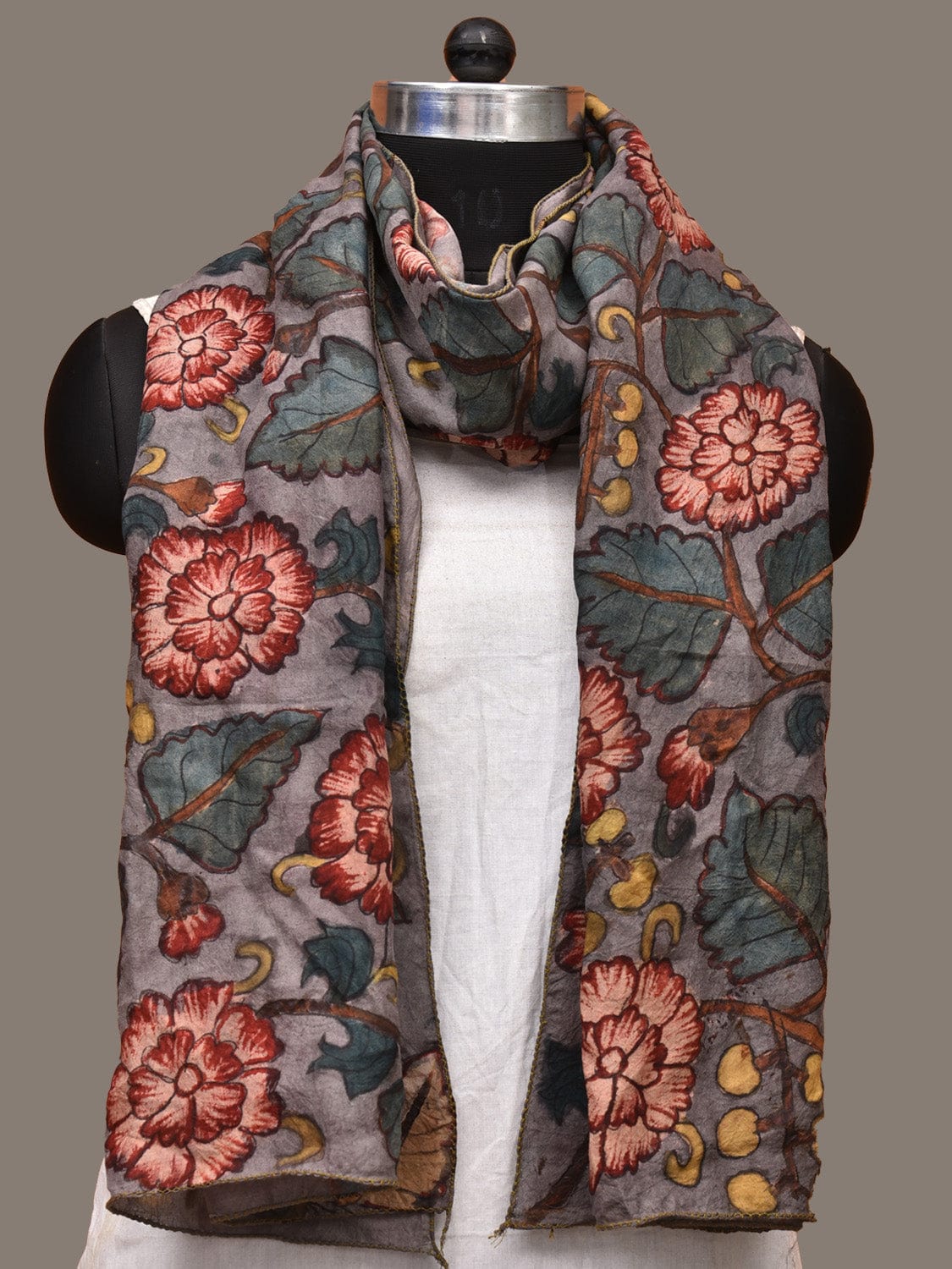 Grey Kalamkari Hand Painted Sico Stole with Floral Design ds3224