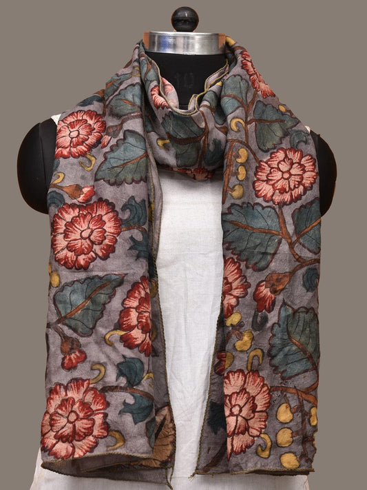 Grey Kalamkari Hand Painted Sico Stole with Floral Design ds3224