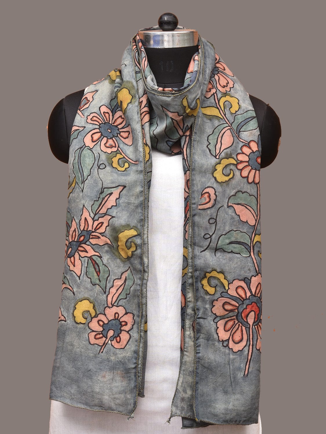 Grey Kalamkari Hand Painted Sico Stole with Floral Design ds3306
