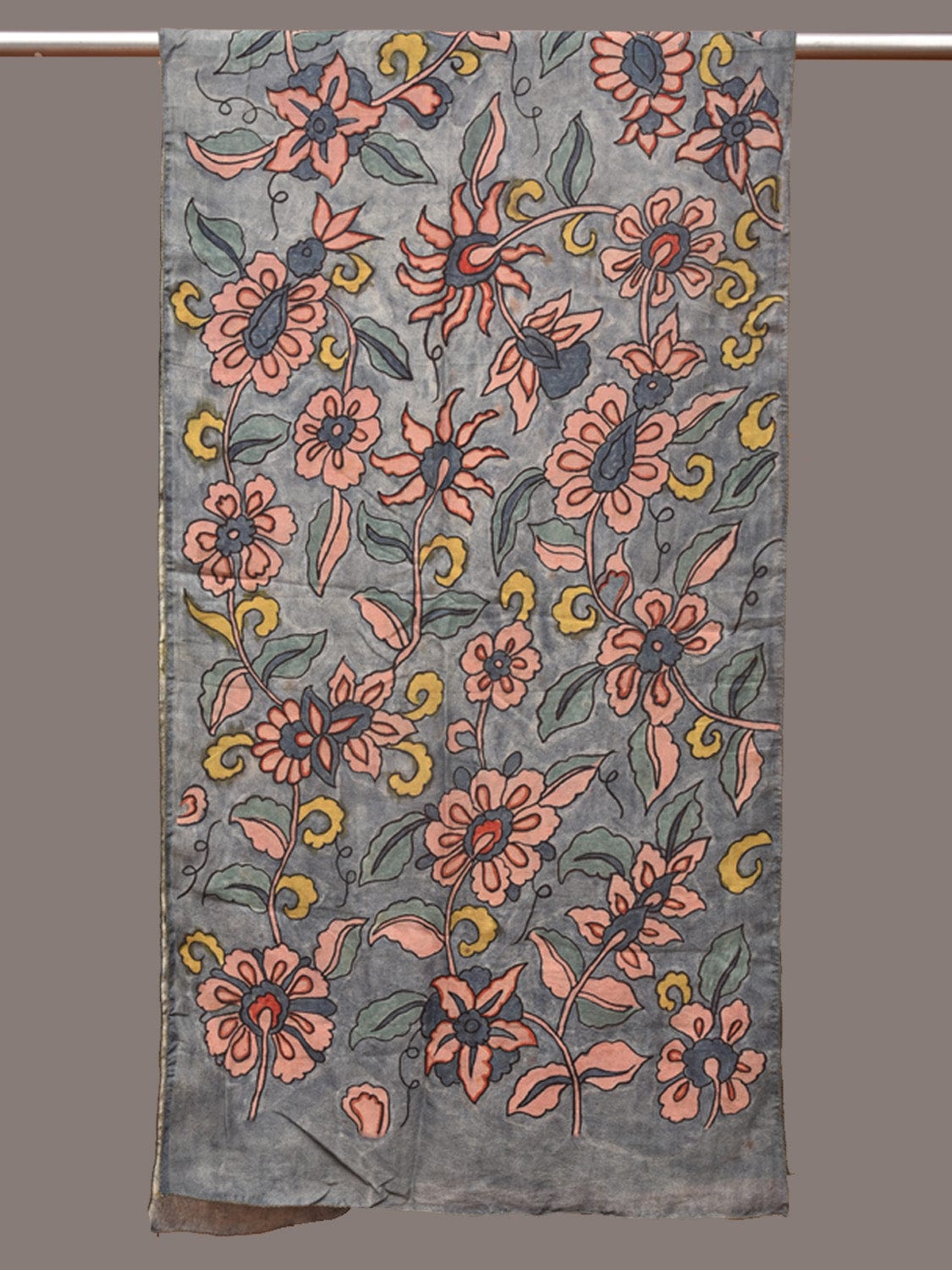Grey Kalamkari Hand Painted Sico Stole with Floral Design ds3306
