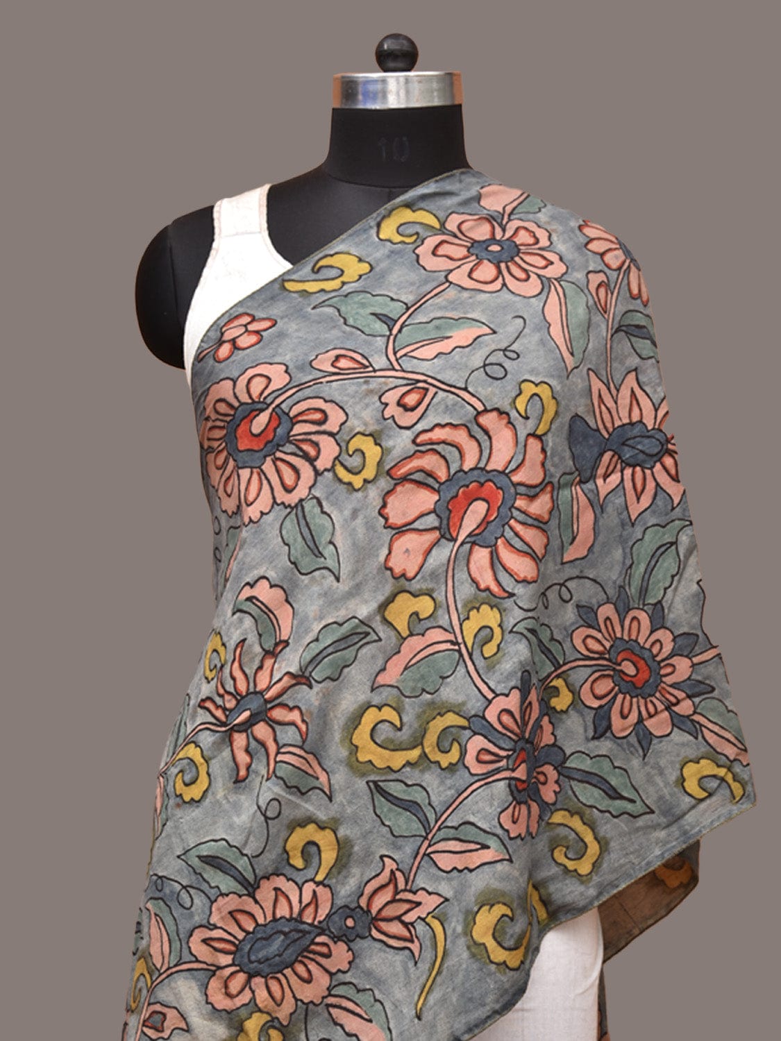 Grey Kalamkari Hand Painted Sico Stole with Floral Design ds3306