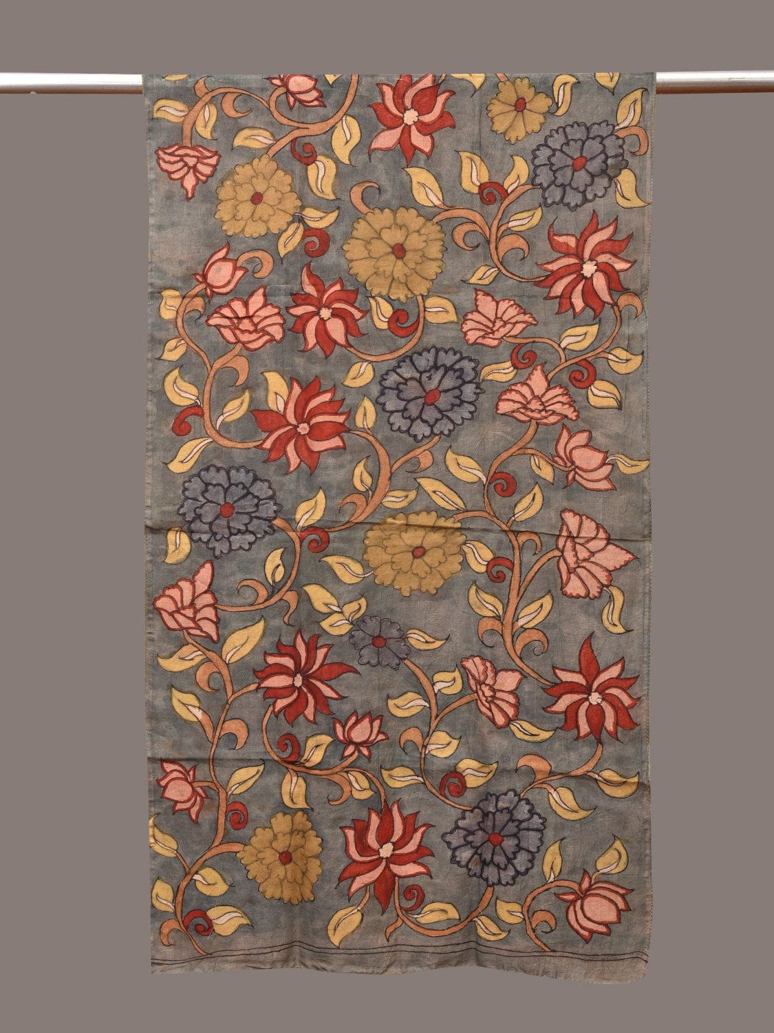 Grey Kalamkari Hand Painted Sico Stole with Floral Design ds3347