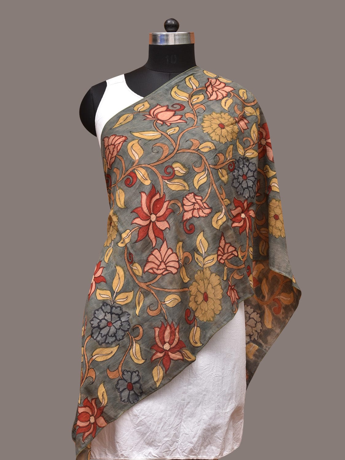 Grey Kalamkari Hand Painted Sico Stole with Floral Design ds3347
