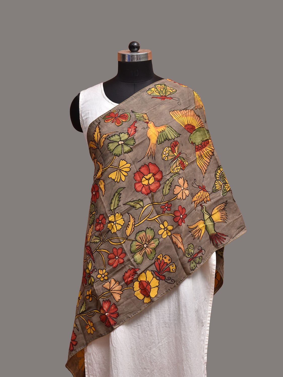 Grey Kalamkari Hand Painted Sico Stole with Floral Design ds3724