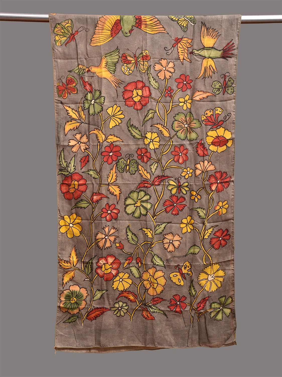 Grey Kalamkari Hand Painted Sico Stole with Floral Design ds3724