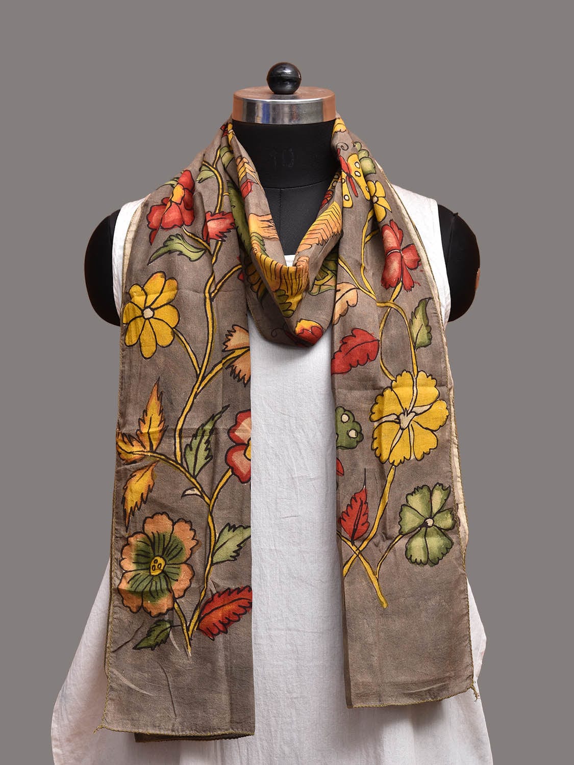 Grey Kalamkari Hand Painted Sico Stole with Floral Design ds3724