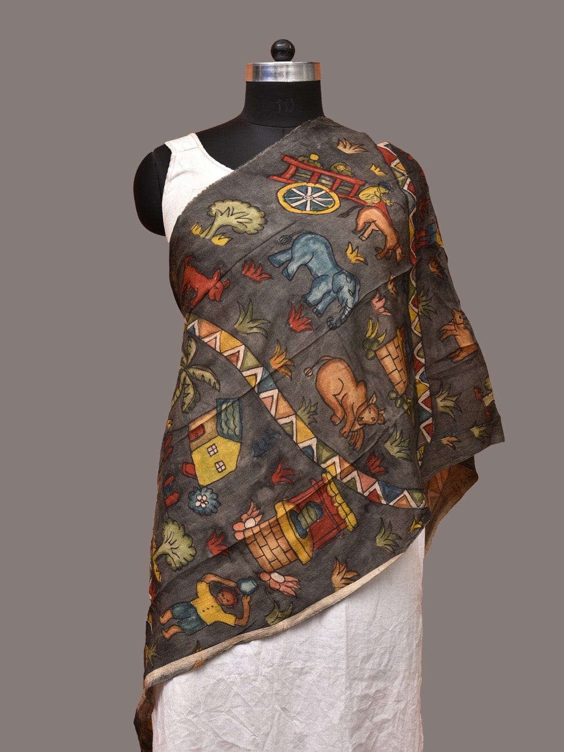 Grey Kalamkari Hand Painted Sico Stole with Village and Animals Theme Design ds3247