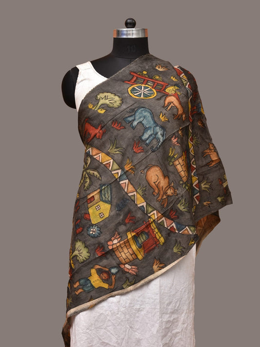 Grey Kalamkari Hand Painted Sico Stole with Village and Animals Theme Design ds3247