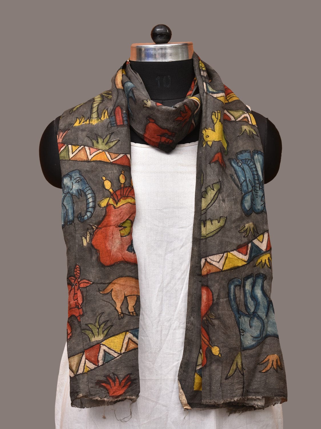 Grey Kalamkari Hand Painted Sico Stole with Village and Animals Theme Design ds3247