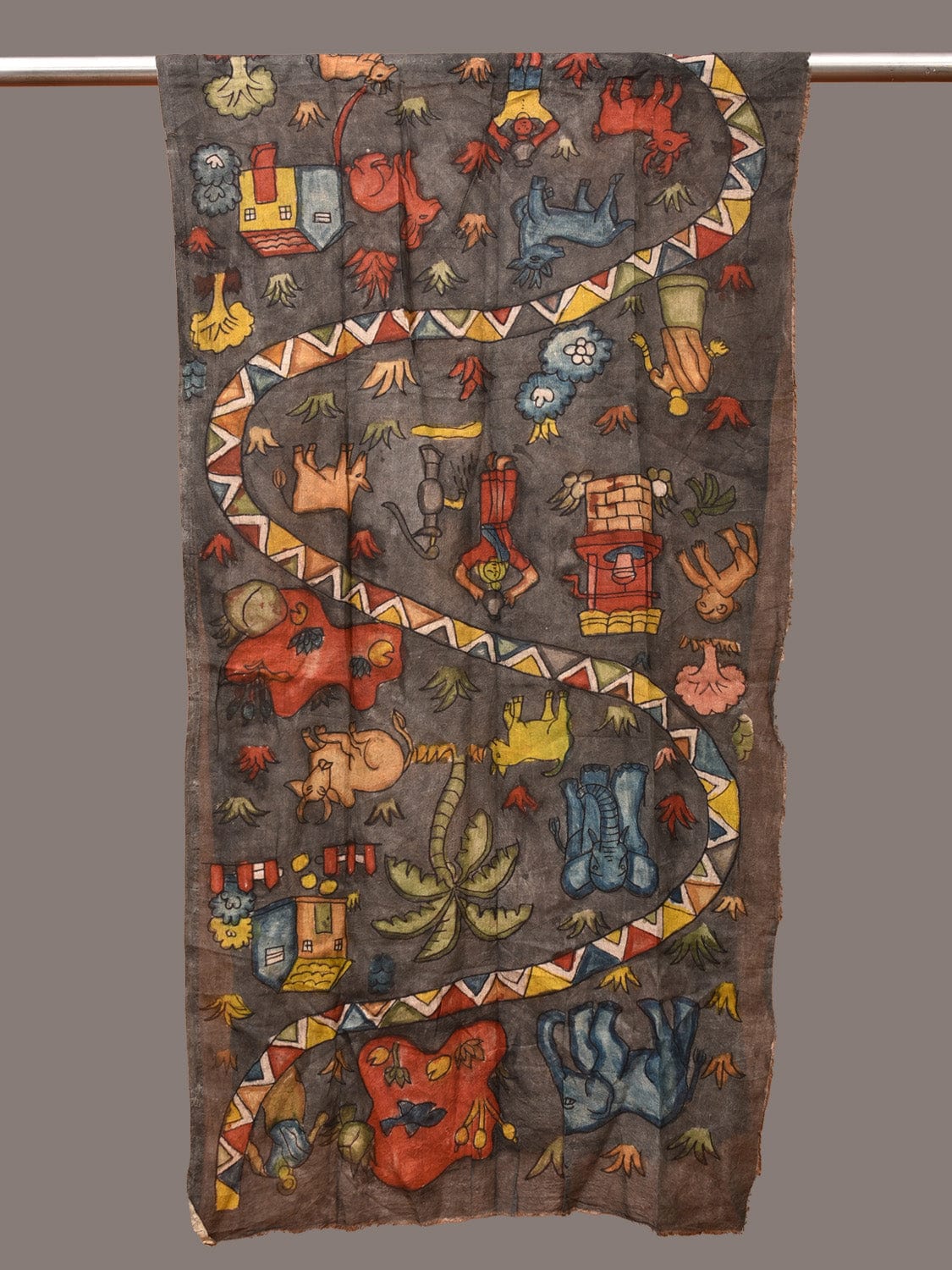 Grey Kalamkari Hand Painted Sico Stole with Village and Animals Theme Design ds3247