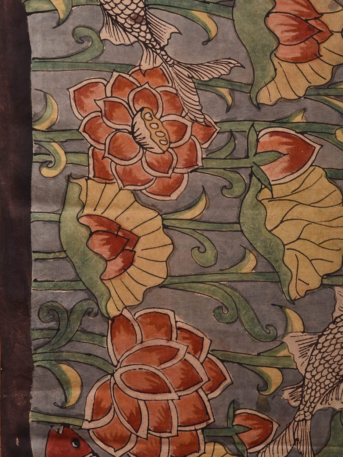 Grey Kalamkari Hand Painted Silk Handloom Saree with Fish and Lotus Design KL0705