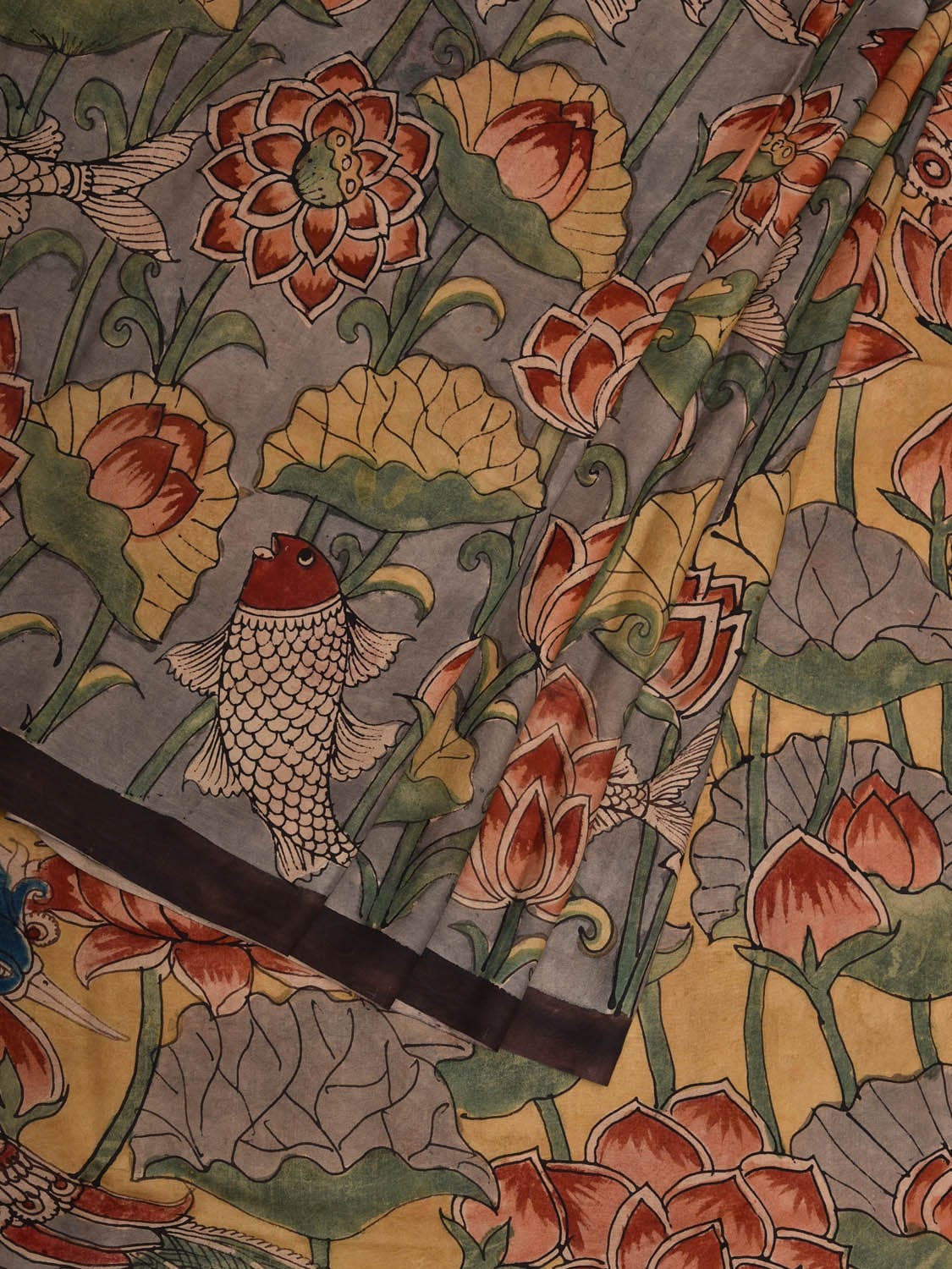 Grey Kalamkari Hand Painted Silk Handloom Saree with Fish and Lotus Design KL0705
