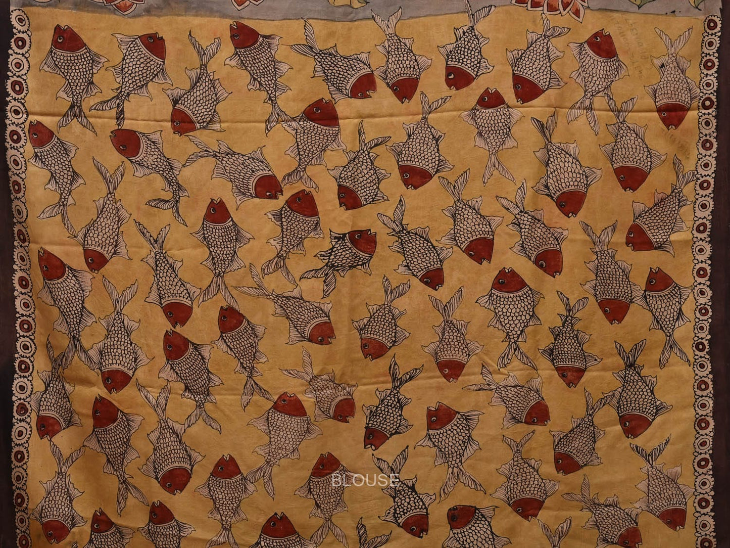 Grey Kalamkari Hand Painted Silk Handloom Saree with Fish and Lotus Design KL0705