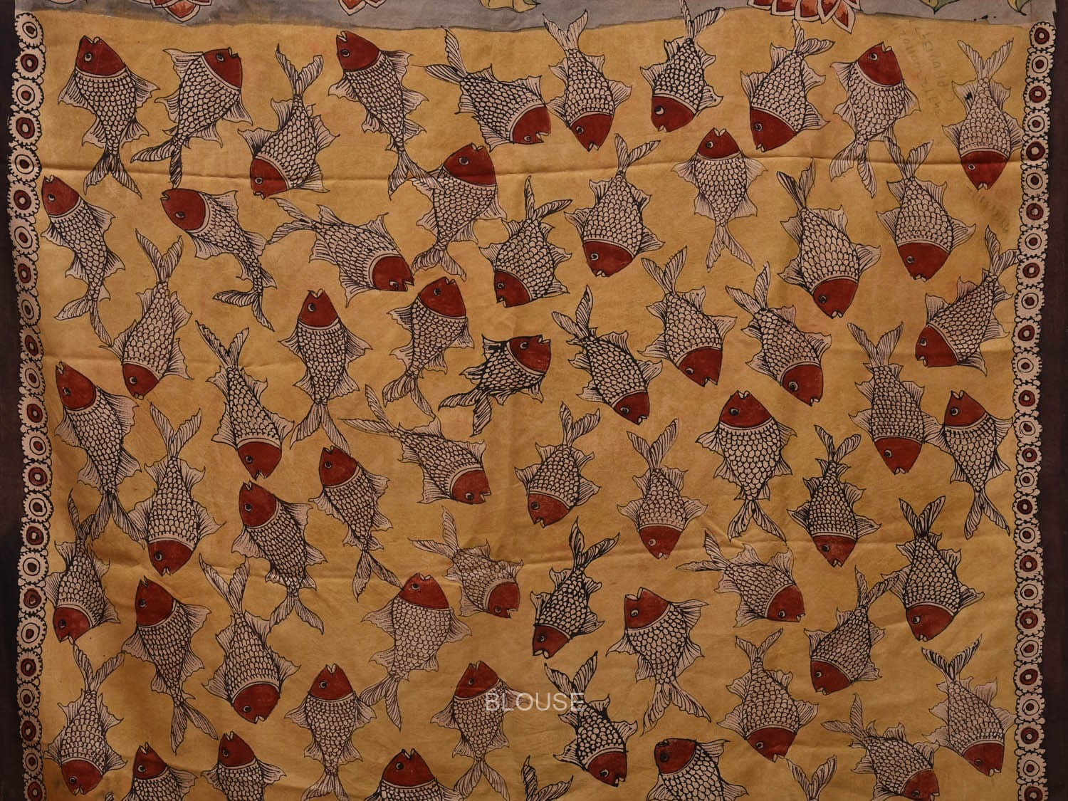 Grey Kalamkari Hand Painted Silk Handloom Saree with Fish and Lotus Design KL0705