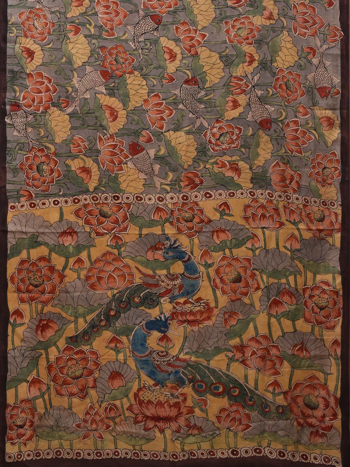 Grey Kalamkari Hand Painted Silk Handloom Saree with Fish and Lotus Design KL0705