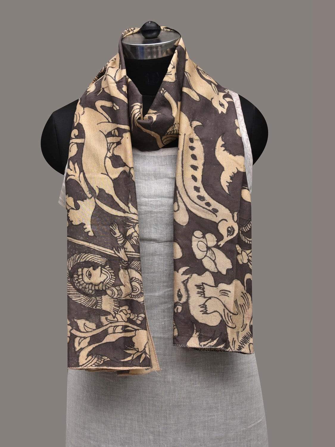 Grey Kalamkari Hand Painted Silk Handloom Stole with Animals Design ds2567