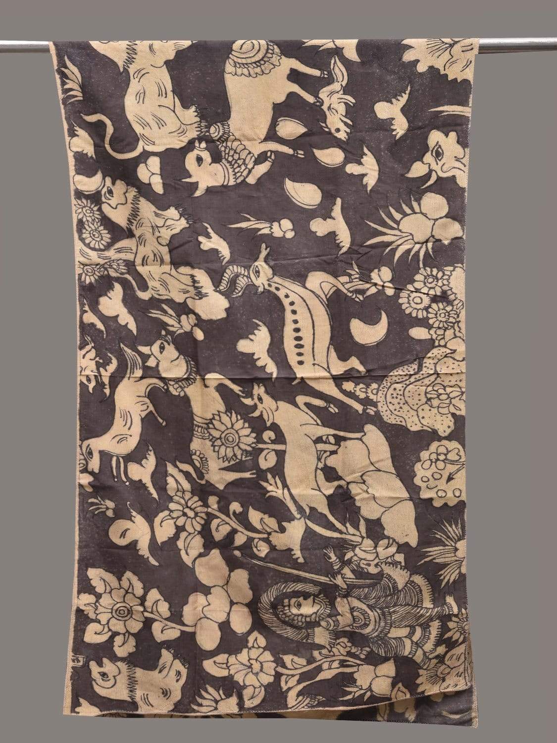 Grey Kalamkari Hand Painted Silk Handloom Stole with Animals Design ds2567