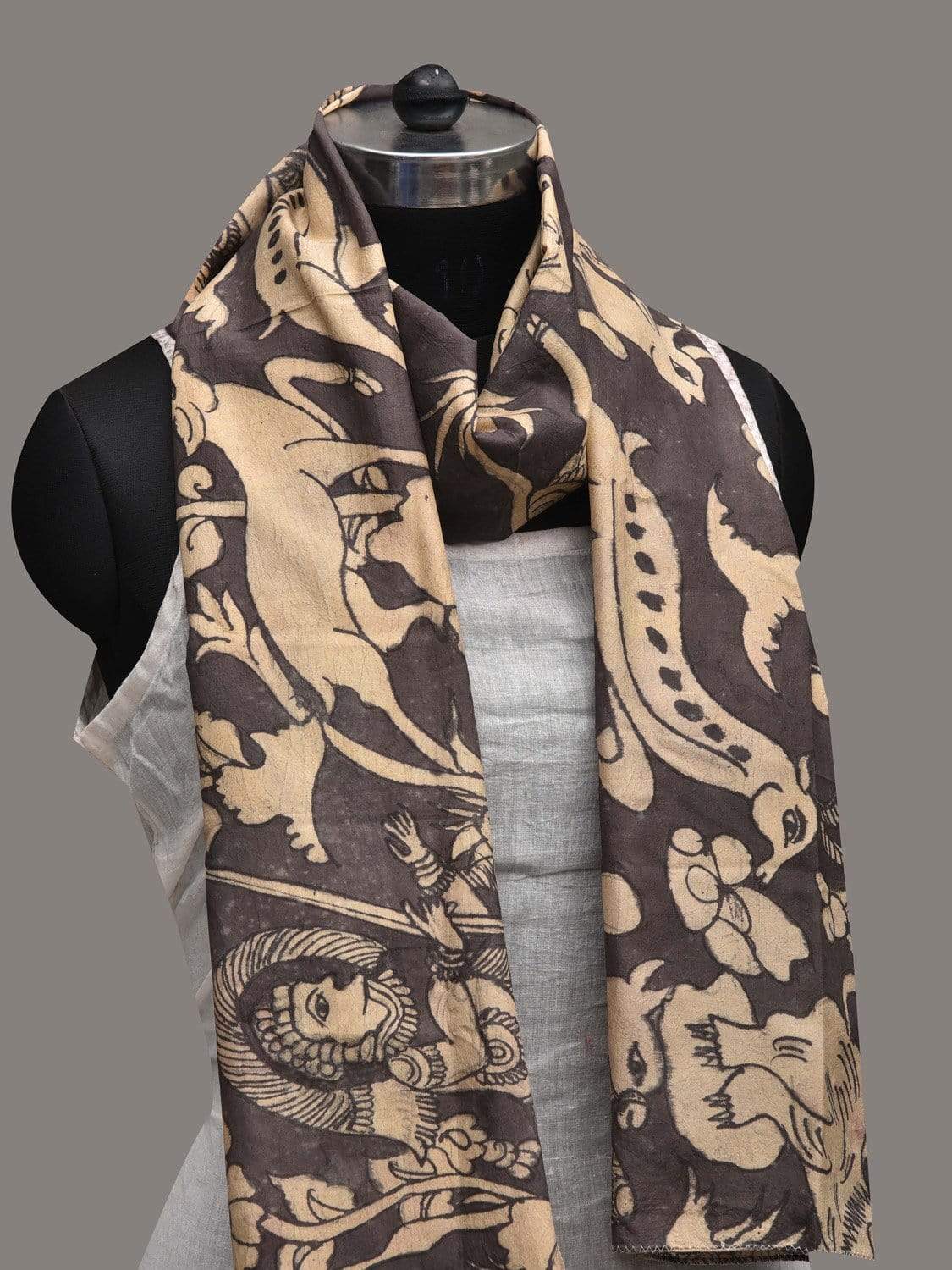 Grey Kalamkari Hand Painted Silk Handloom Stole with Animals Design ds2567