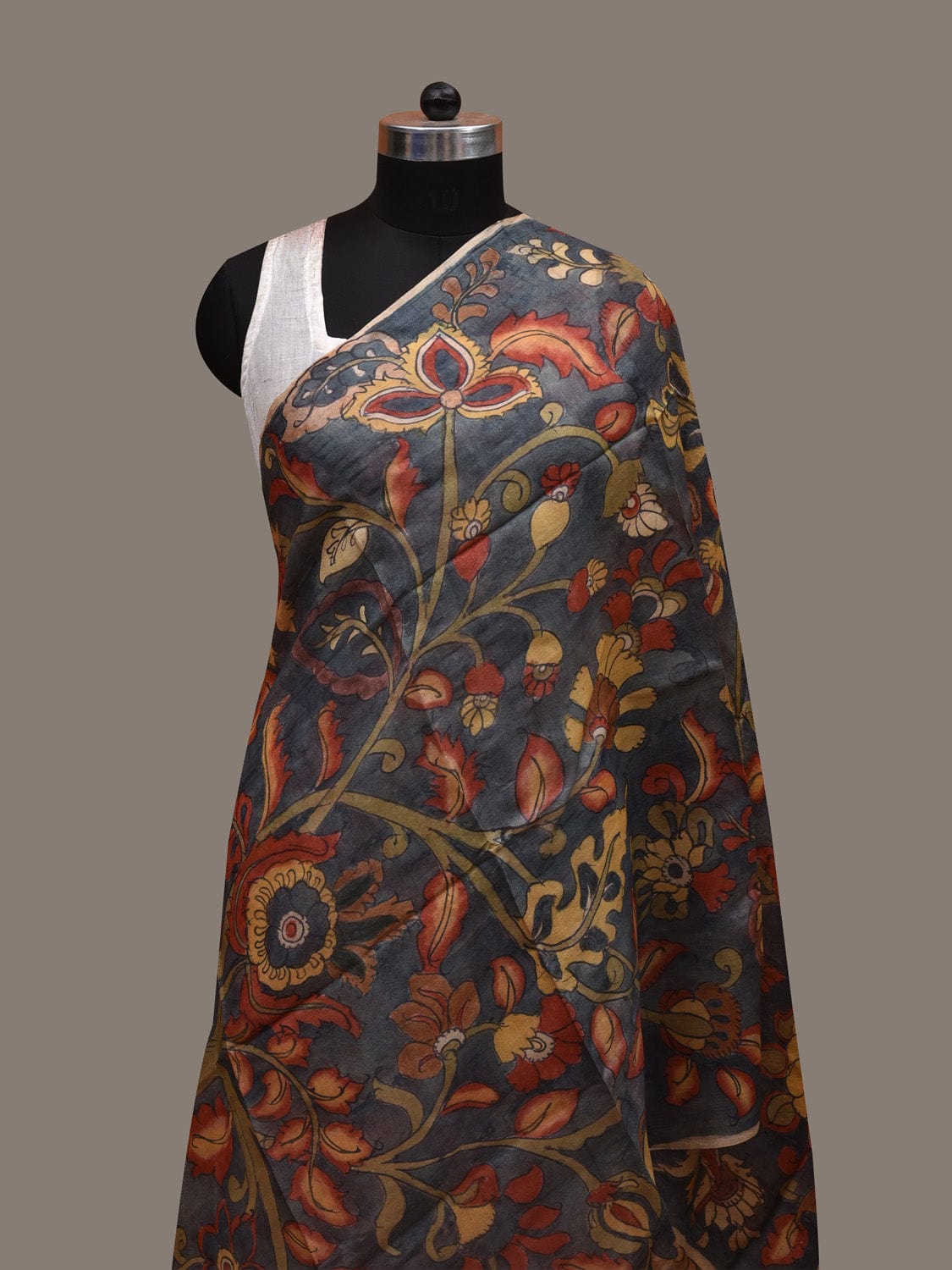 Grey Kalamkari Hand Painted Tussar Dupatta with Floral Design ds2924