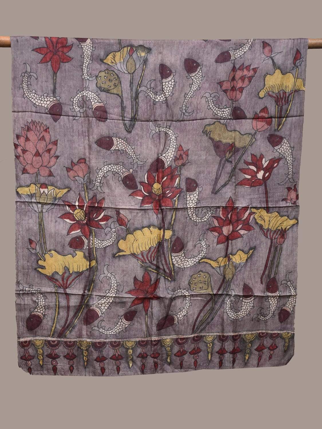 Grey Kalamkari Hand Painted Tussar Handloom Dupatta with Fishes and Flowers Design ds2226