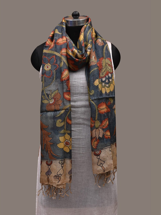 Grey Kalamkari Hand Painted Tussar Handloom Dupatta with Floral Design ds2676