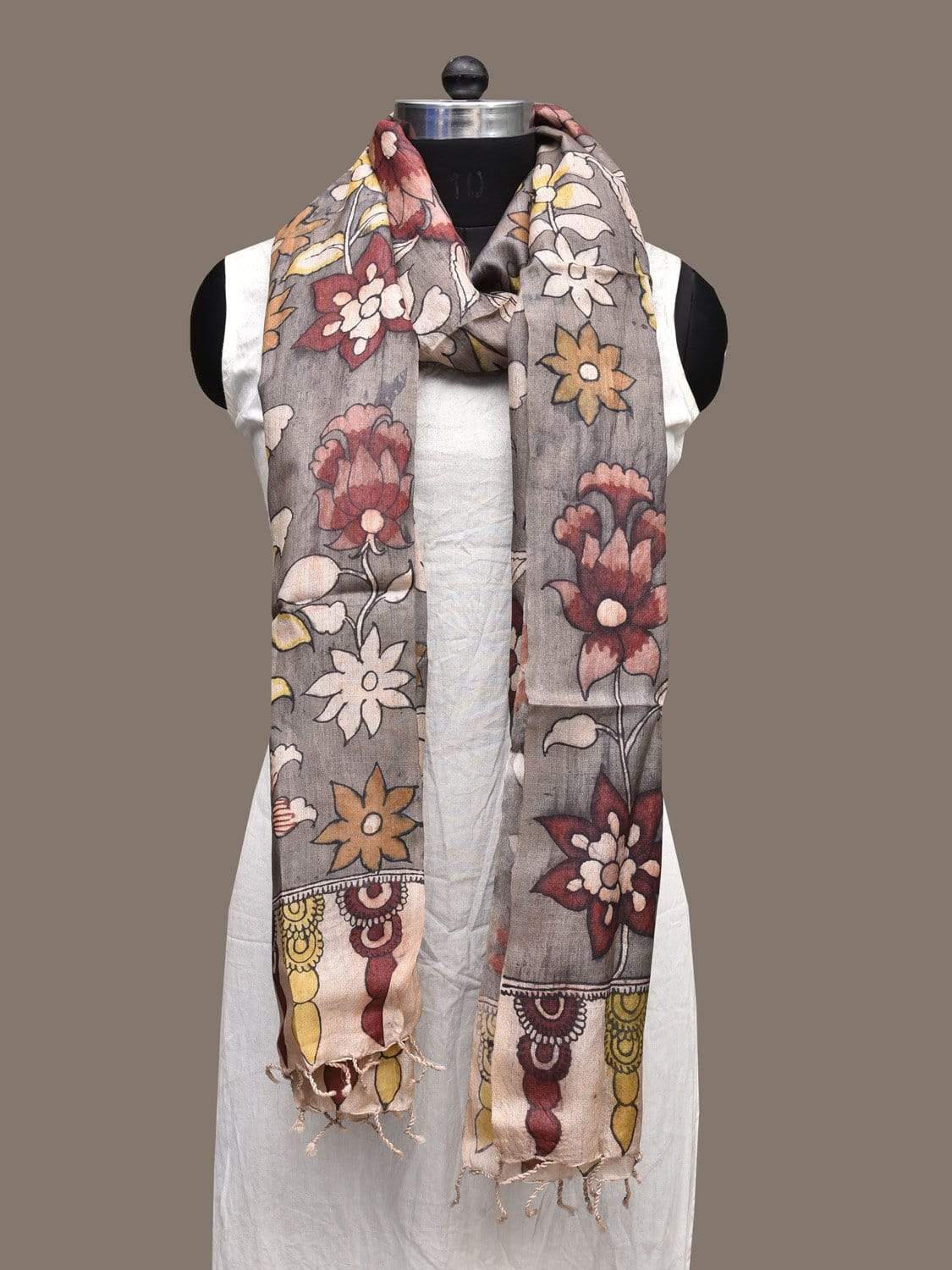 Grey Kalamkari Hand Painted Tussar Handloom Dupatta with Flowers Design ds2286