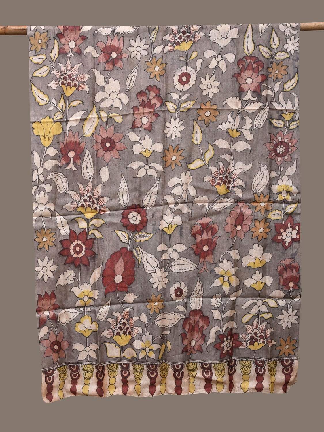 Grey Kalamkari Hand Painted Tussar Handloom Dupatta with Flowers Design ds2286