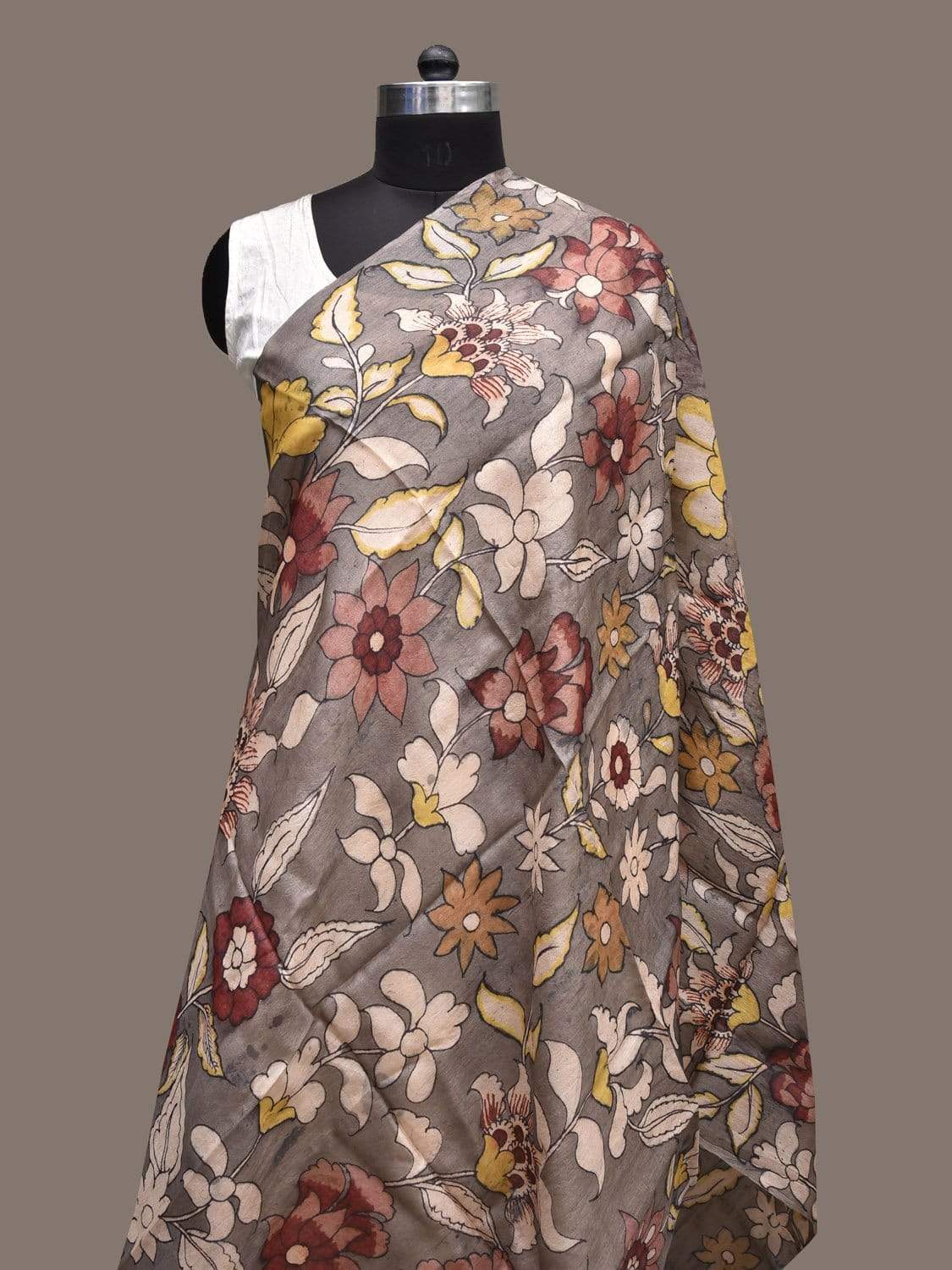 Grey Kalamkari Hand Painted Tussar Handloom Dupatta with Flowers Design ds2286
