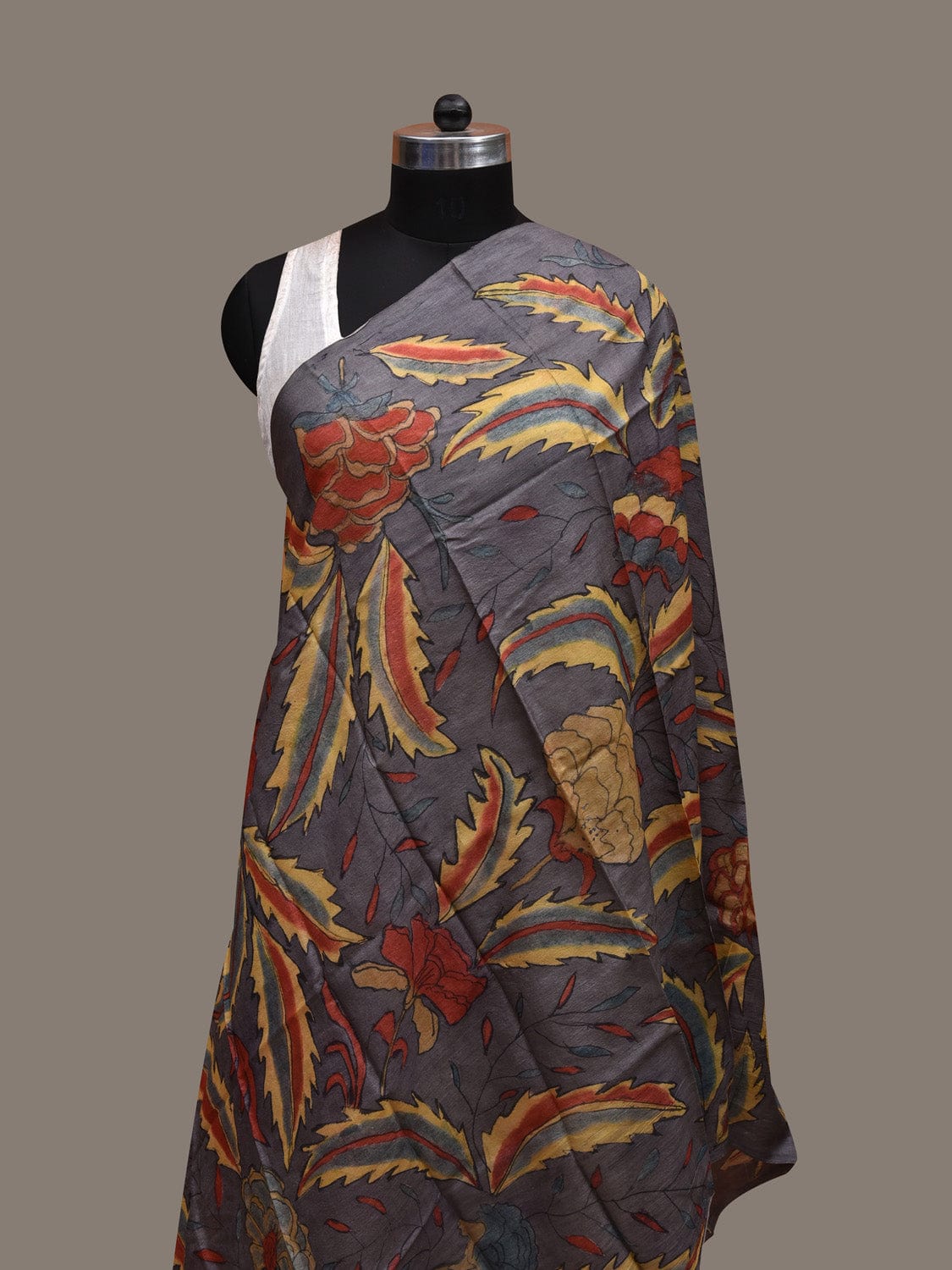 Grey Kalamkari Hand Painted Tussar Handloom Dupatta with Leaves Design ds2838