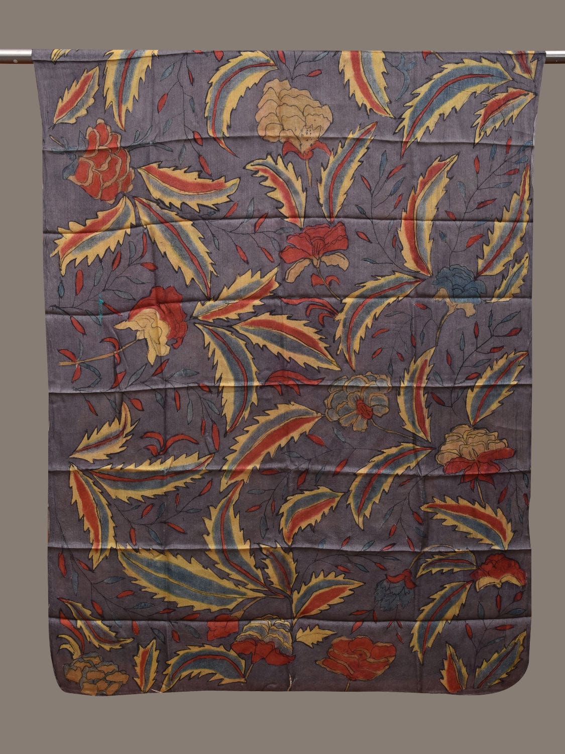 Grey Kalamkari Hand Painted Tussar Handloom Dupatta with Leaves Design ds2838