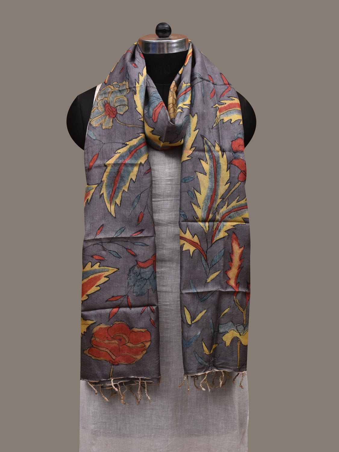 Grey Kalamkari Hand Painted Tussar Handloom Dupatta with Leaves Design ds2838