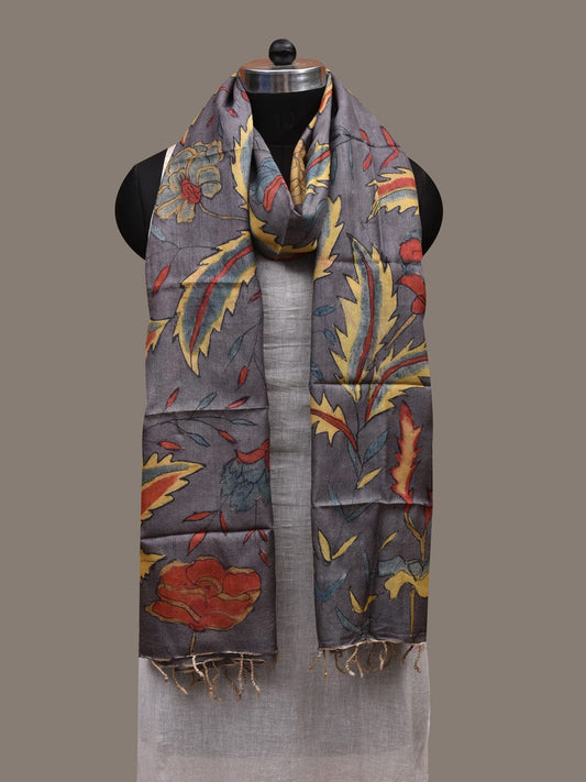 Grey Kalamkari Hand Painted Tussar Handloom Dupatta with Leaves Design ds2838